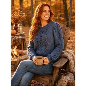 Lush Denim Blue Multi Speckled Open Knit Crewneck Puff Sleeve Sweater M